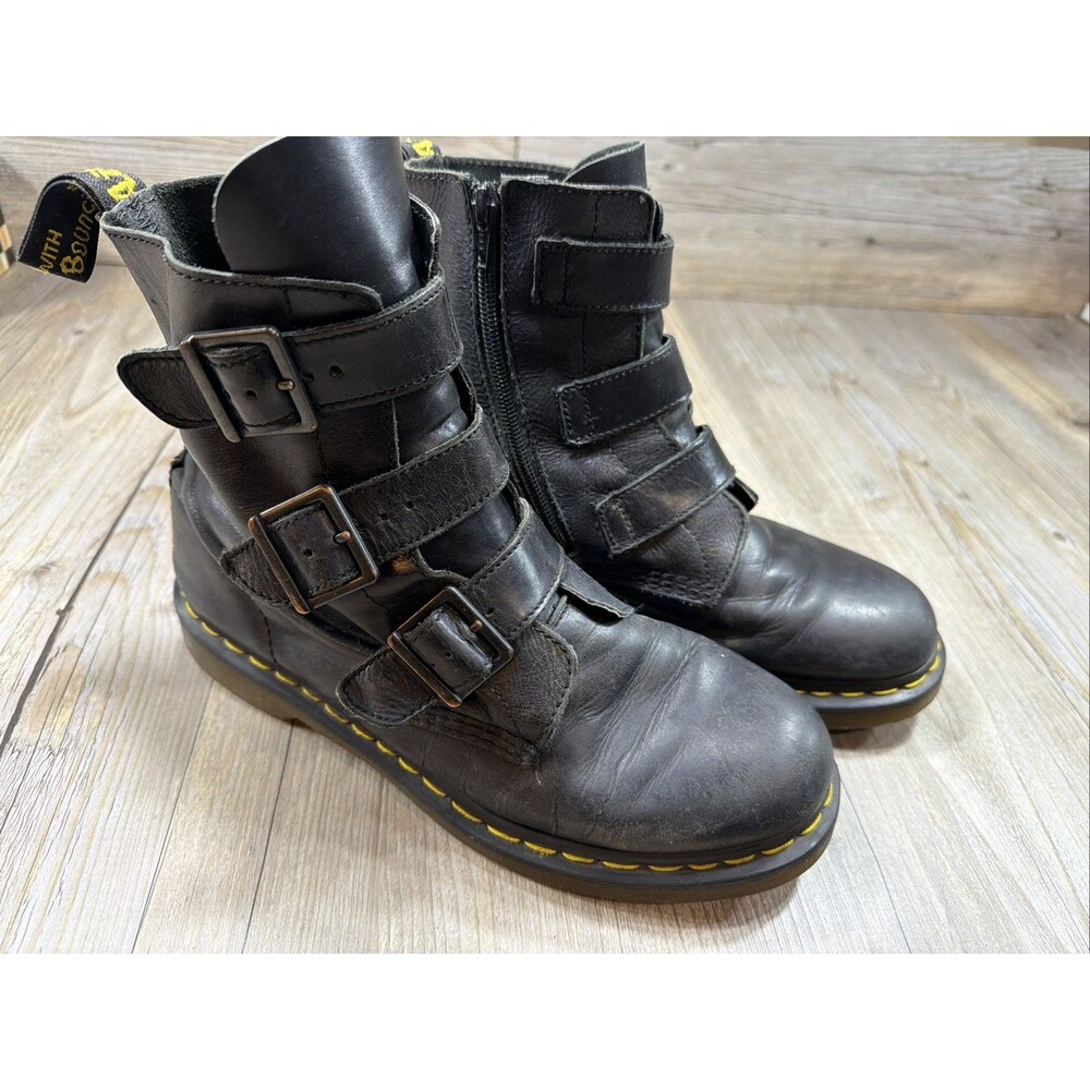 Dr. Doc Martens Blake Black Leather Boots 3 Buckle Ladies Size 9 WORN IN!!!!!